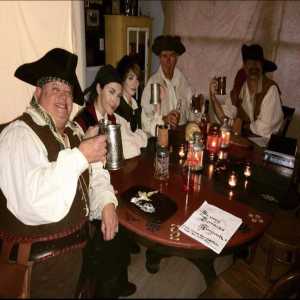crew drinking at table